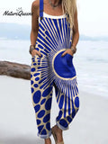 Women's Abstract Geometric Pattern Art Print Casual 100% Cotton Wide Leg Jumpsuit