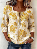 Women's Vintage-print Square-neck 3/4-sleeve Casual Loose Cotton-linen Top