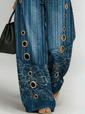 Women's Retro Floral Art Print Casual Stylish Hollow Denim Pants