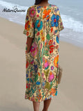 Women's Vintage Indian Folk Floral Art Print Flowy Dress