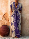 Women's Casual Loose Cotton-linen Dress With V-neck Short Sleeves And Placement Print