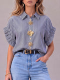 Women's Striped Print Shirt-collar Short-sleeve Casual Loose Cotton Cardigan