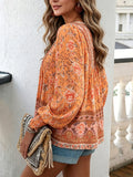 Women's Chic Floral Lantern Sleeves And Tie Detail Print Blouse