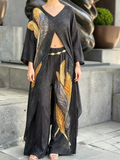 Boho Feather Print Long Shirt And Pants Two-piece Set