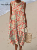 Women's Vintage Floral Pattern Art Print Sleeveless Cotton Pocket Wrap Dress