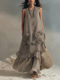 Women's Sleeveless Cotton And Linen Dress With 3d Floral Decoration