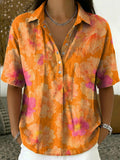 Artistic Watercolor Floral Print Short-sleeve Collared Shirt With Half-button Placket